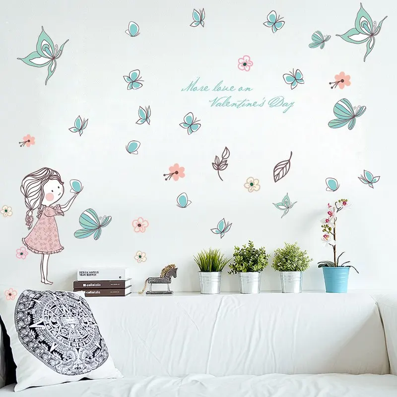 

1PC Cute Cartoon Little Girl Flying Butterfly Removable Wallpaper Children Room Girl Bedroom Home Decoration Wall Sticker 50*70