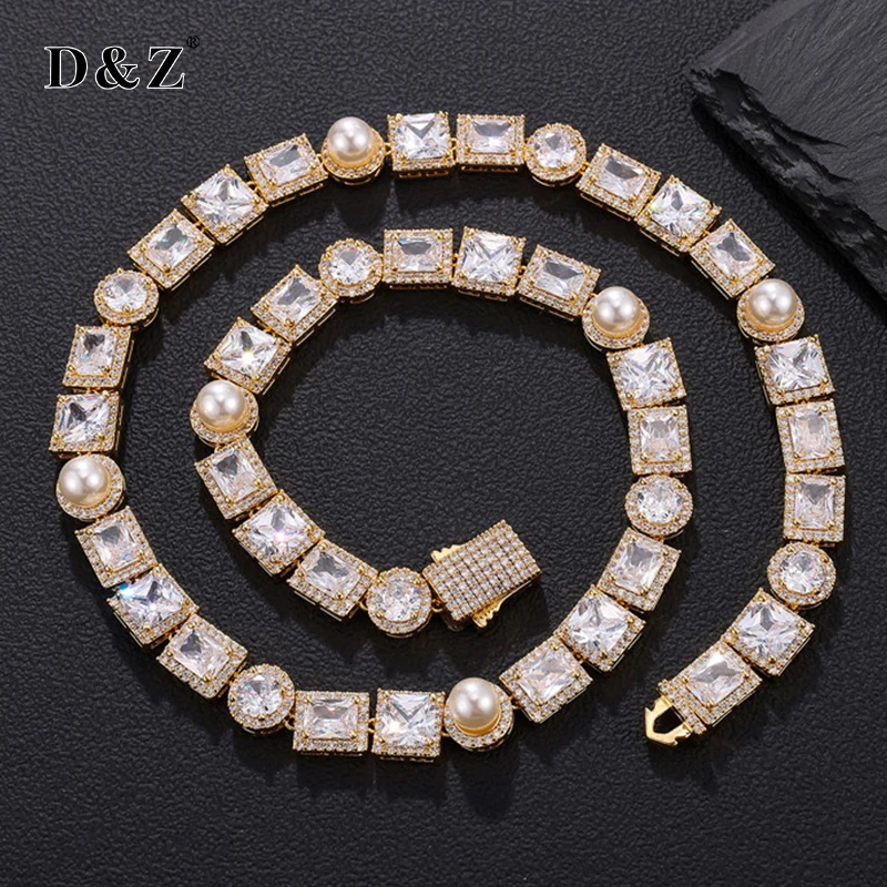 

D&Z 10mm Clustered Pearl Tennis Chain Spring Buckle Iced Out Baguette Stones Twist Necklace Bracelet For Women Hip Hop Jewelry