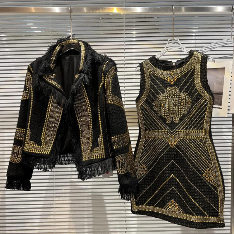 

Fashion Temperament Tassel Rivet Coat Women's New Loose High Quality Sleeveless Dress Female 2022 Autumn New