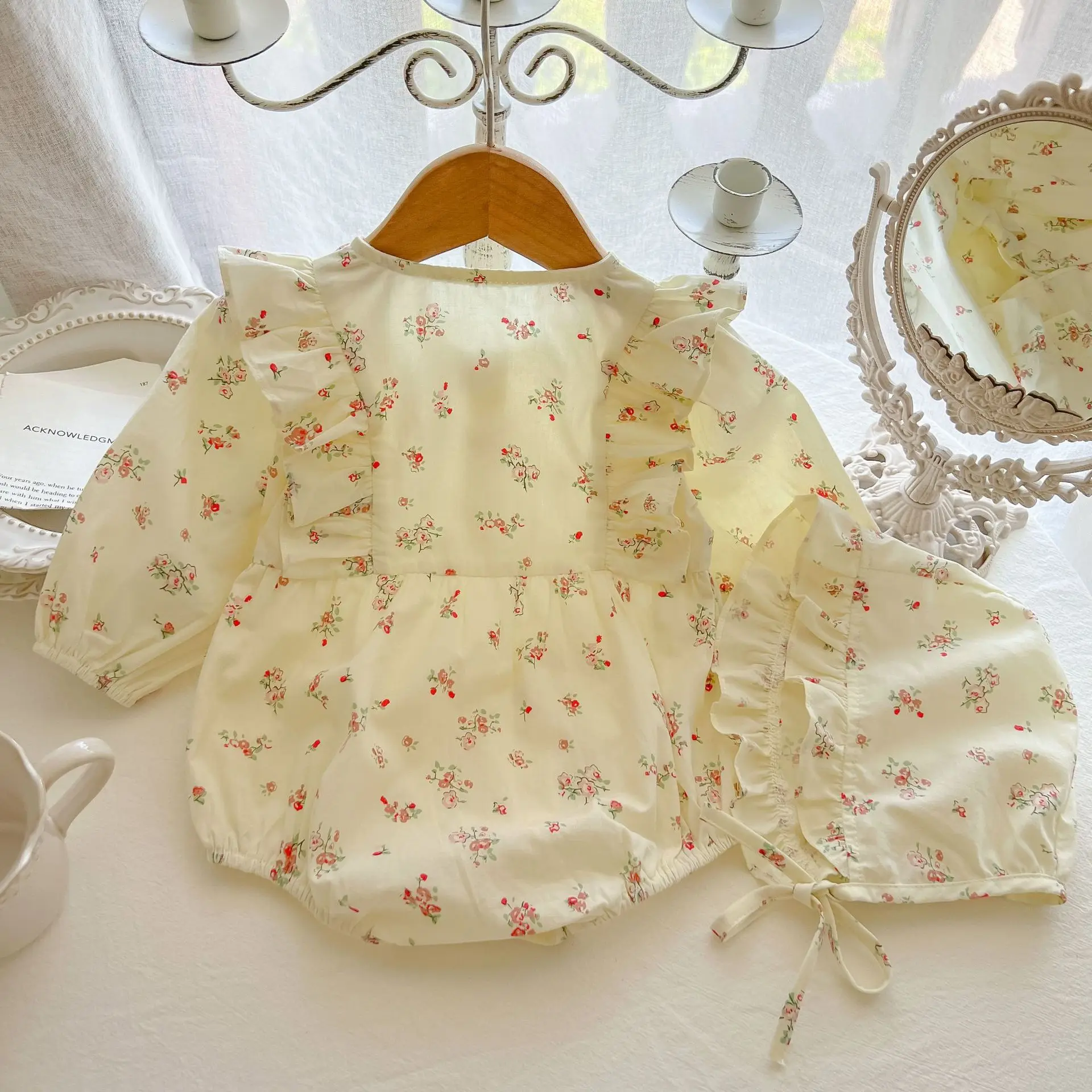 2022 Autumn New Baby Girl Long Sleeve Bodysuit + Hat Sweet Floral Princess Clothes Cotton Toddler Infant Girl Jumpsuit