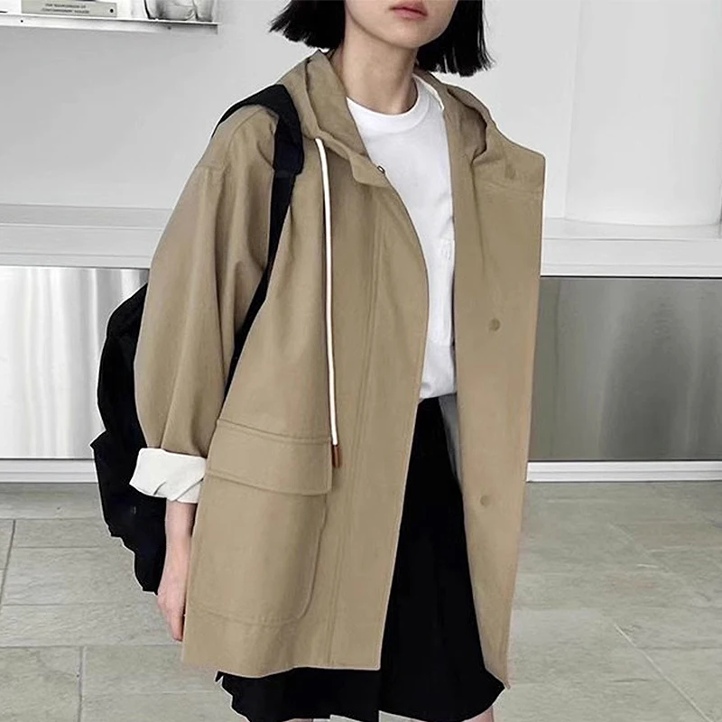 

SuperAen Korean Chic Autumn Vintage Zipper Big Pocket Loose Casual Long Hooded Trench Coat