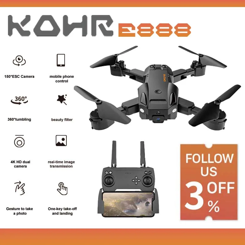 

Квадрокоптер KOHR E888 складной Профессиональный с двумя камерами, Wi-Fi, FPV