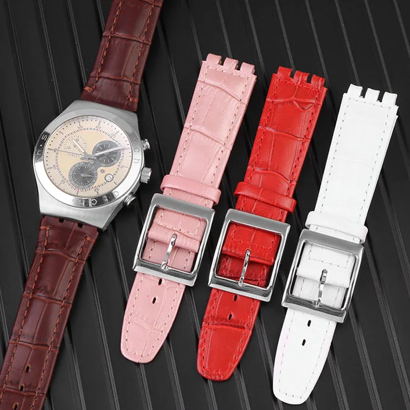 17mm 19mm Genuine Leather bracelet for swatch watch band Wrist Strap Brown red black Watchbands Women man watch belt accessories