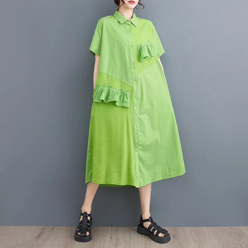

2023 New Patchwork Ruffle Single Breasted Chic Girl's Summer Blouse Dress Fashion Women Travel Casual Dress Lady Work Midi Dress