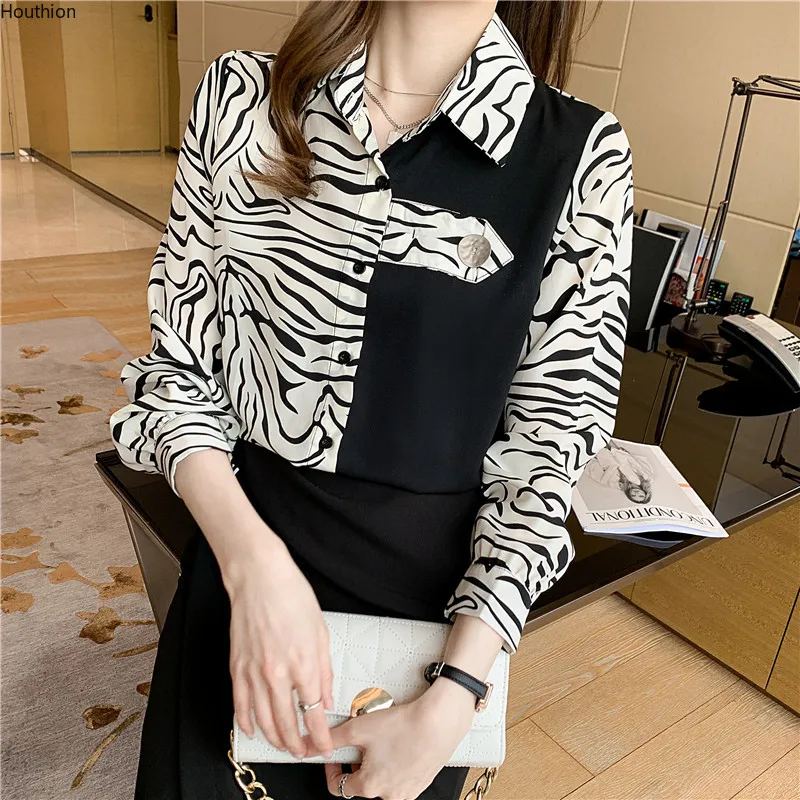 

Женская блузка-поло с длинным рукавом, шифоновая блузка с леопардовым принтом