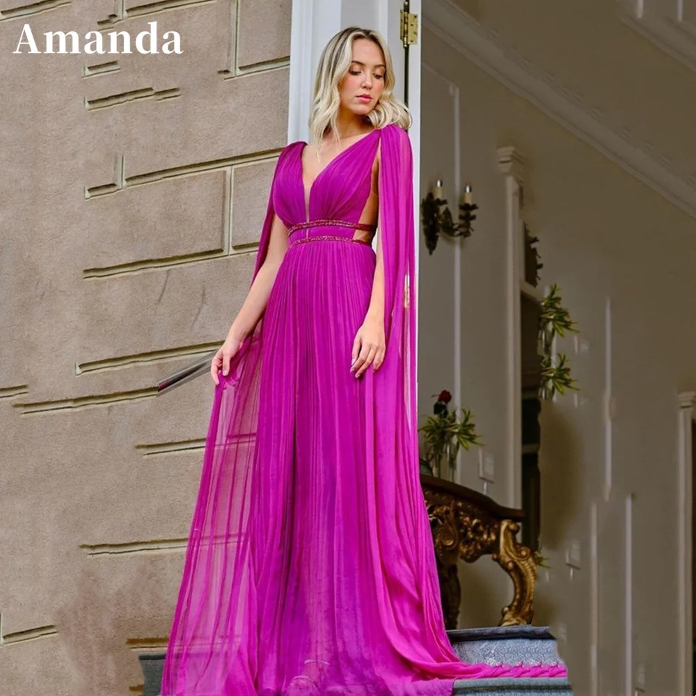 

Amanda Sexy Purple Prom Dress 2023 فستان سهرة Sexy Open Back Vestido De Novia Organza Prom Gown Chiffon Cape Sleeve Party Dress