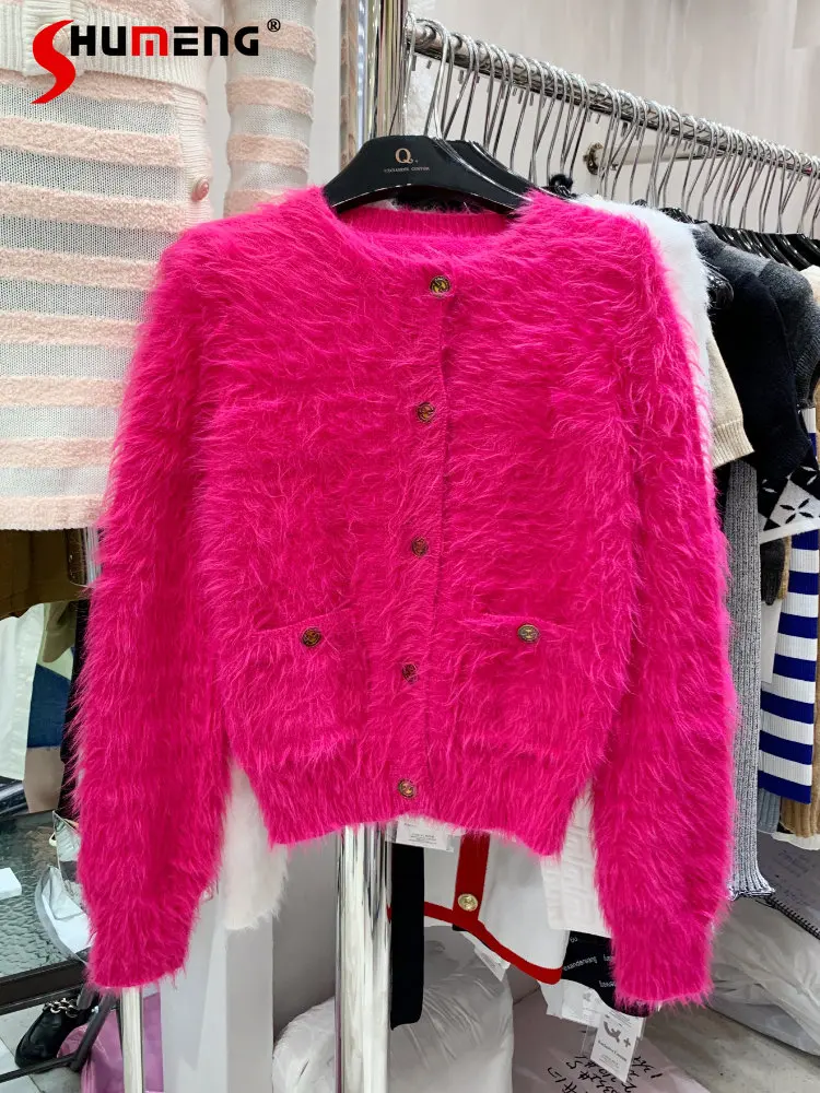 Korean Style Woman Mink Fur Knitted Coat 2022 Autumn and Winter New Women Figure Flattering Slim Fit Long Sleeve Furry Cardigan