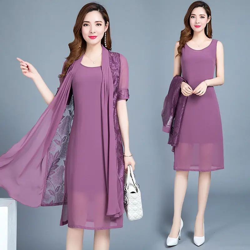 

Новинка 2022, комплект из двух предметов, платье средней длины, летний Свободный кардиган, пальто с принтом, костюм для матери среднего возрас...