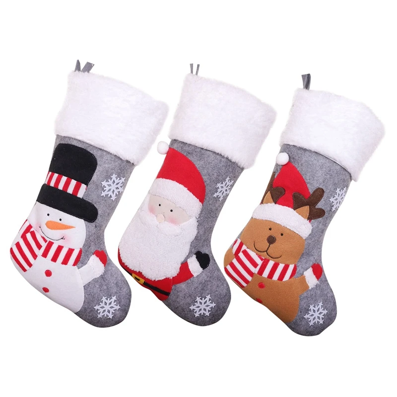 

3 Pcs Traditional Christmas Stockings Santa Elk Snowman With Snowflake Christmas Party Gift