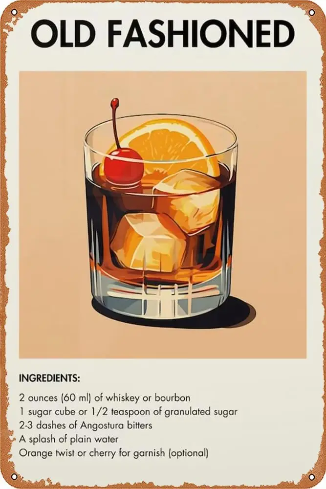 Old Fshoned Cocktl Metl Tn Sgn Poster Retro Prnt Clssc Cocktls Br Crt Decor Prnts 12x8 nches Zengju0