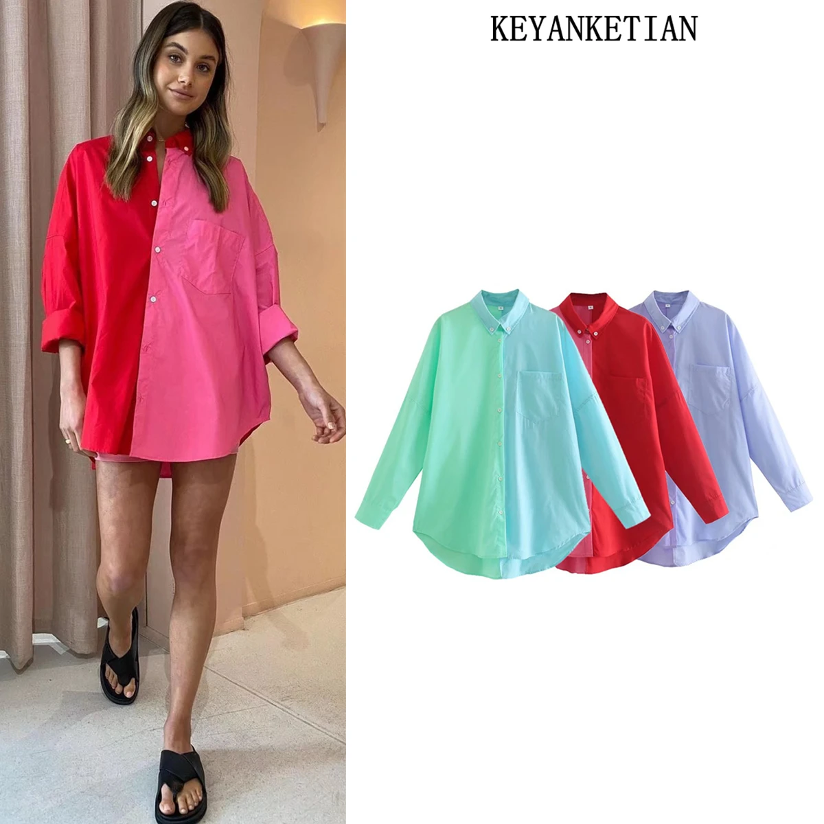 

KEYANKETIAN ZA Ladies Contrast Color Plus Size Shirts New Lapel Long Sleeve Loose Shirts Fashion Spring Autumn 2022