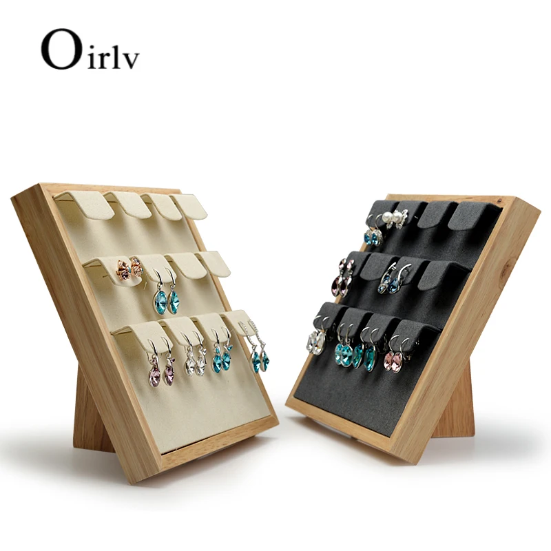 Oirlv Solid Wood Earring Display Stand Foldable Wooden Necklace Holder Beige Gray Microfiber Jewelry Organizer Earring Display