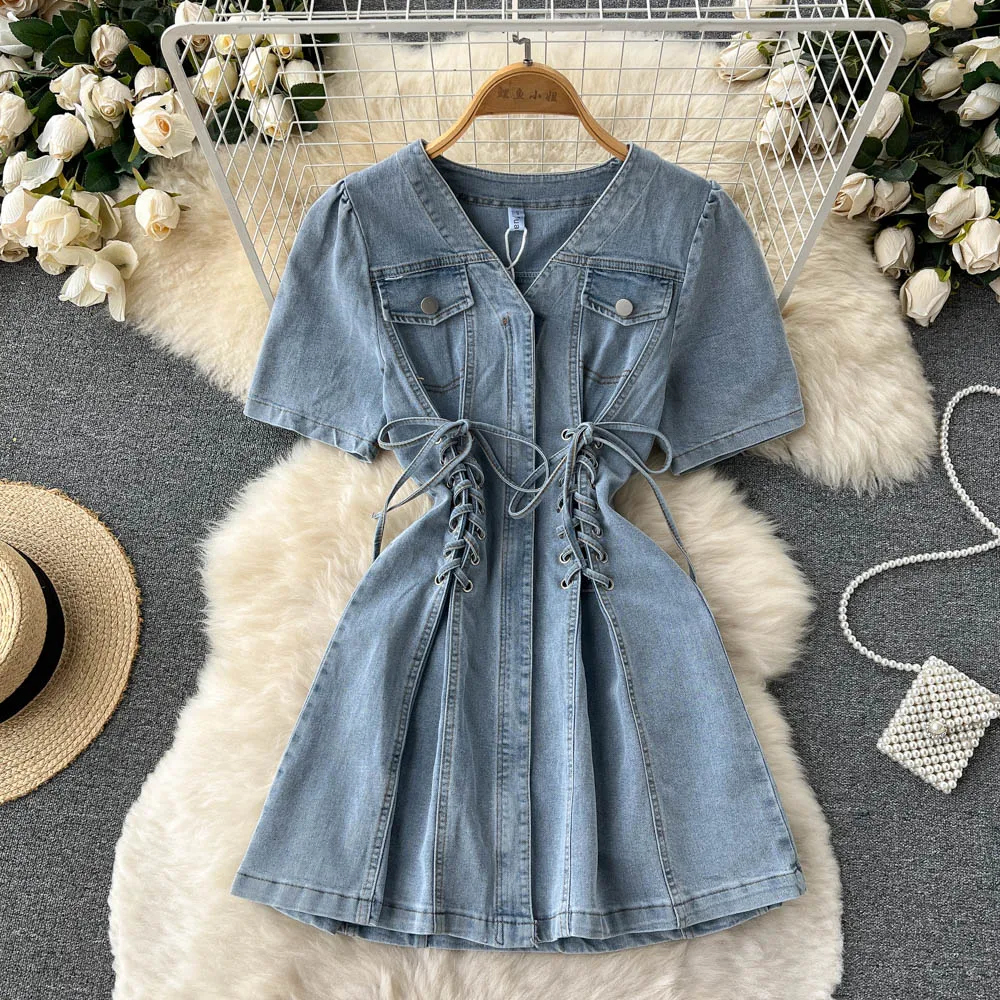 

VANOVICH Vintage Slimming Casual Temperament Short Sleeve Dress Summer 2022 New Shirring V-neck Waist A-LINE Knee-Length Dress