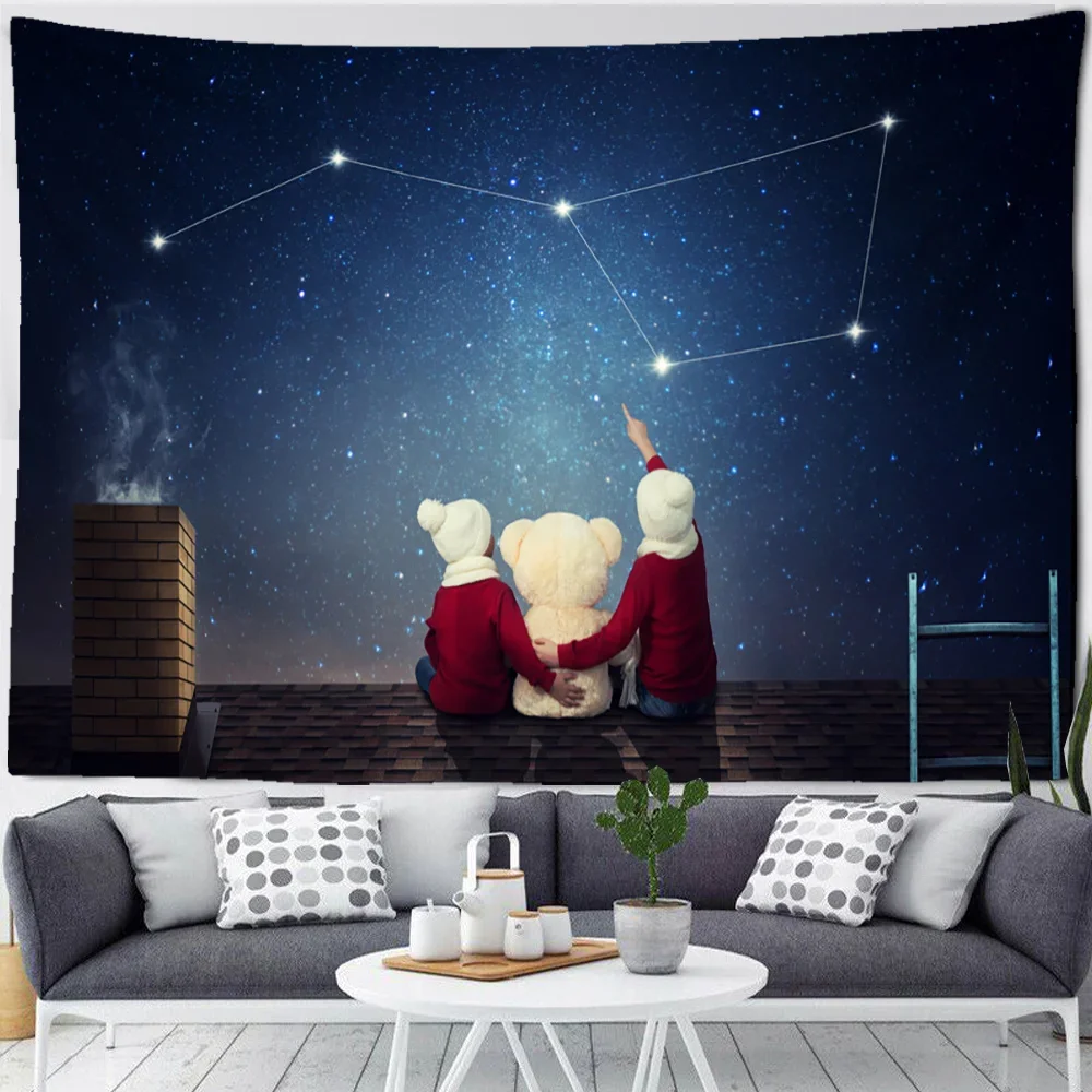 Рождественский гобелен со звездным небом коттедж мультяшный праздничный