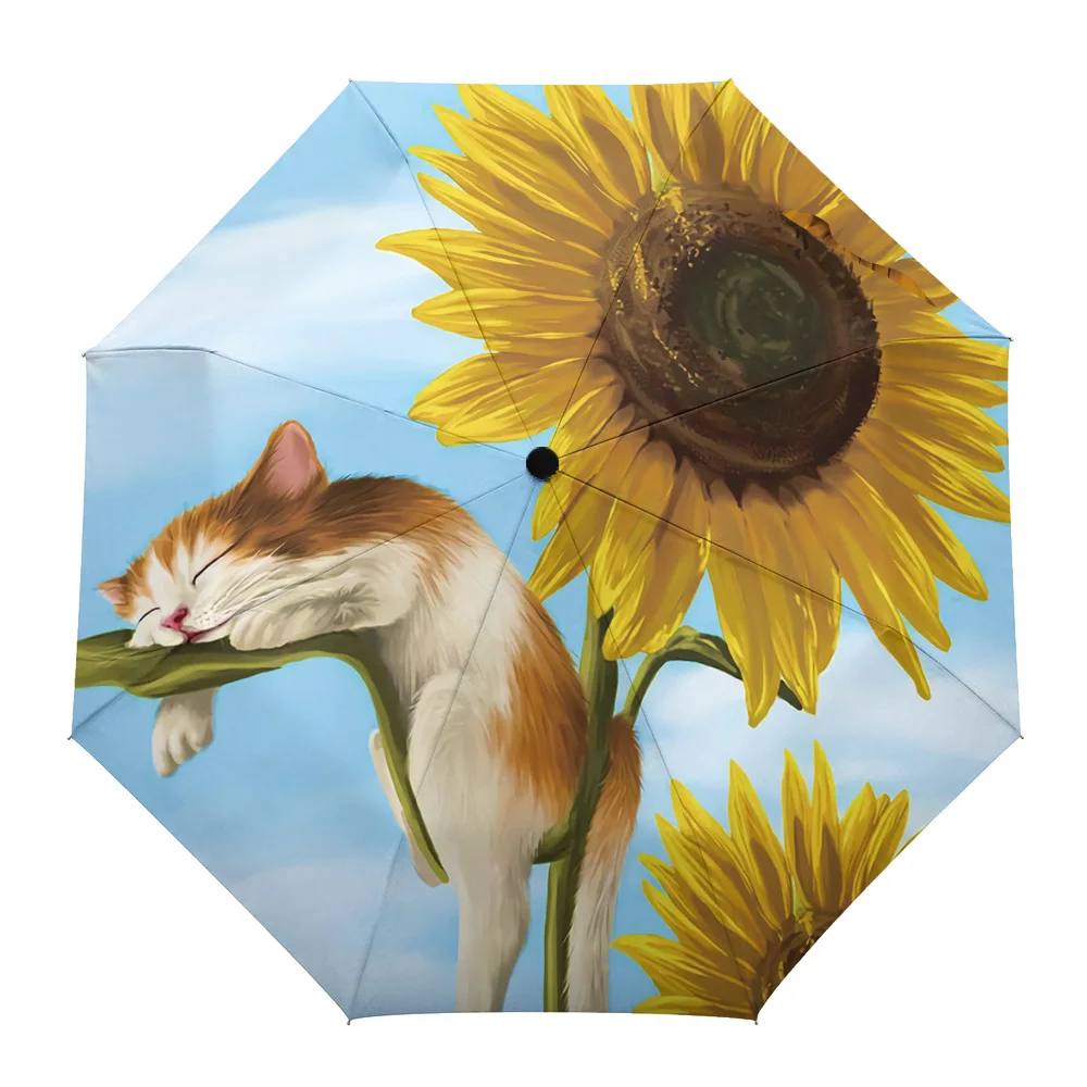 

Spring Sunflower Flower Cat Print Women Men Rain Umbrella Three Folding Girl Durable Portable Automatic Umbrellas Gift Parasol
