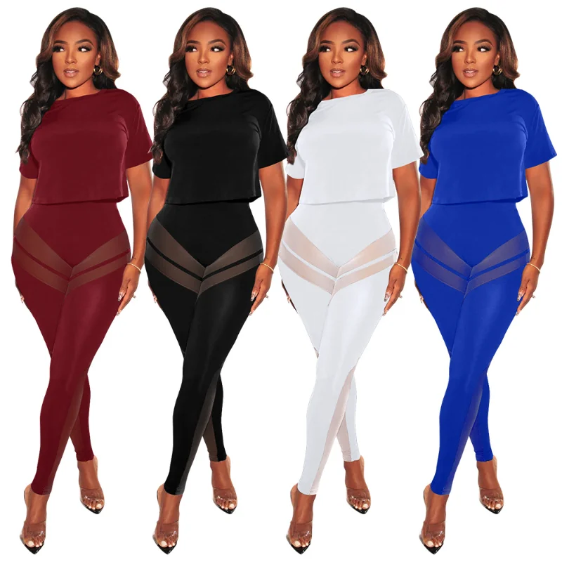 

WUHE Sexy Two Piece Set Women Short Sleeve Crop Top Mesh Sheer Spliced Pants Summer Party Club Outfits Matching Sets Streetwear