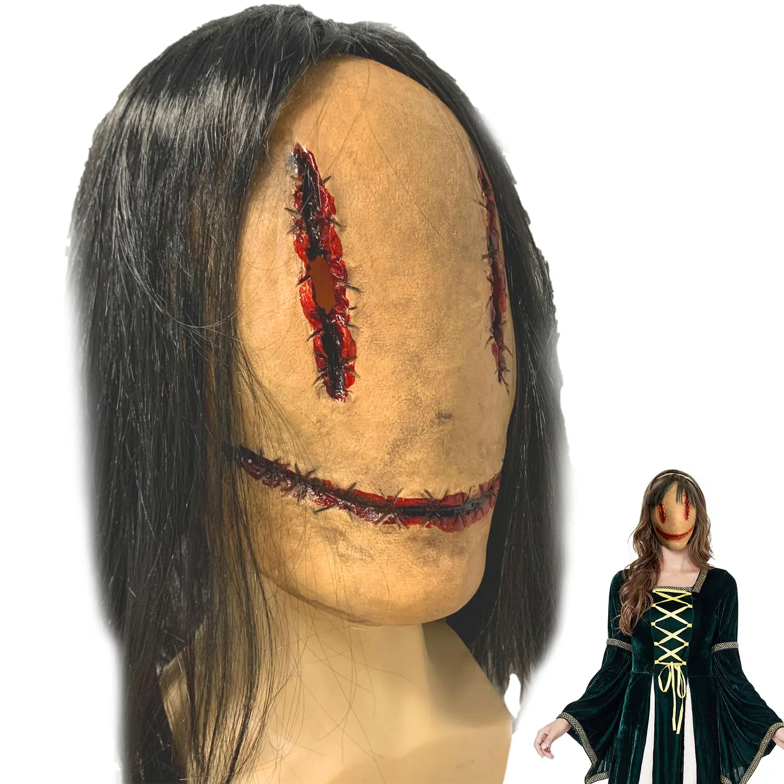 

Halloween Stitched Face Cover Scary Women Ghost Latex Full Face Cover Halloween Head Cover Cosplay Party Costumes Supplies