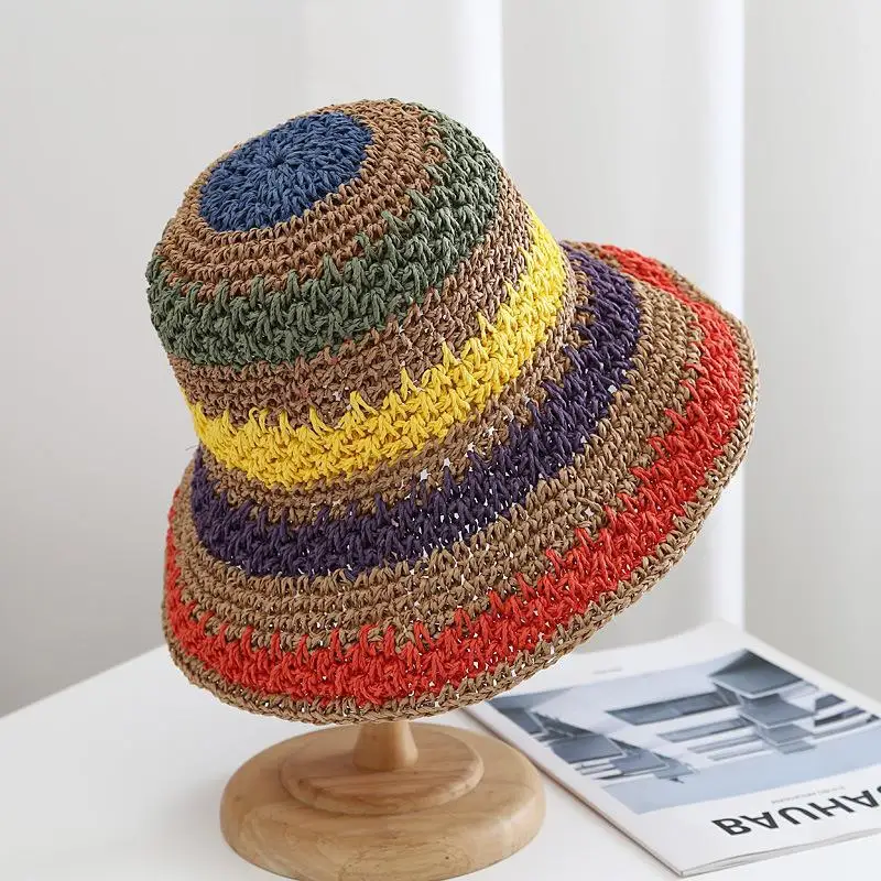 Handwoven Straw Rainbow Sun Hat for Ladies Summer Vacation Beach Colorful Hat Foldable Beach Hats Women Sun Hats