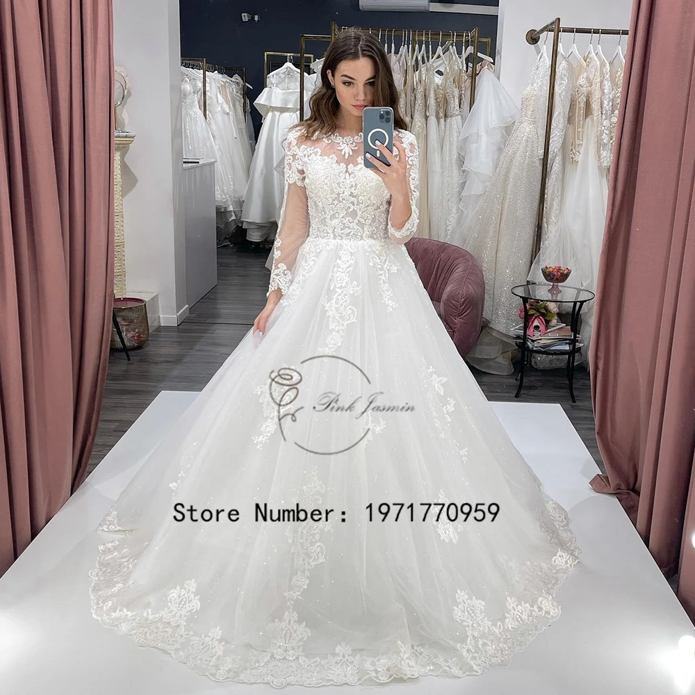 

Ivory Luxury Gorgerous Wedding Dresses For Women Glitter Applique Full Sleeves Bridal Gowns With Soft Tulle Vestido De Novia