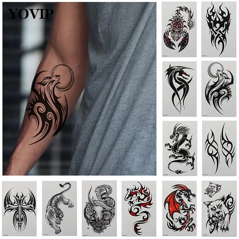 

Waterproof Temporary Tattoo Stickers Dragon Wolf Scorpion Flash Tatto Men Black Flame Totem Body Art Transfer Fake Tattoos Women