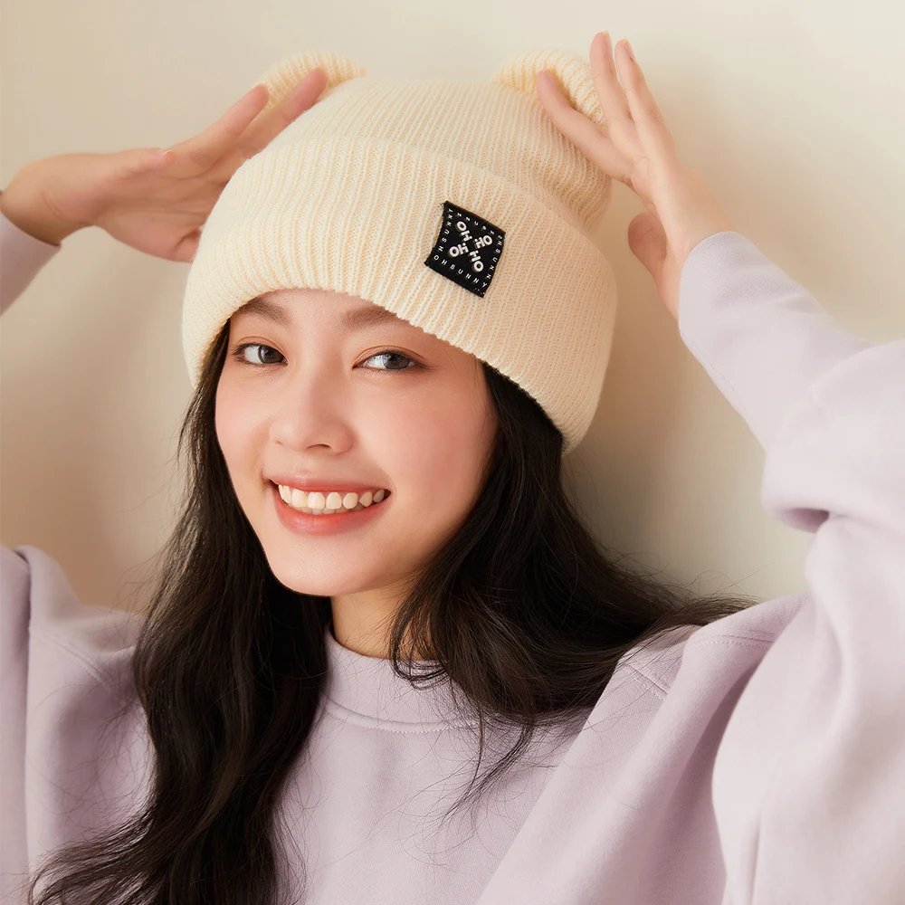 OhSunny Warm Wool Knitted Hat Winter Ski Hat Women Foldable Knitted Hat Dual-purpose Bear Ear Hat Bonnets for Women Beanie