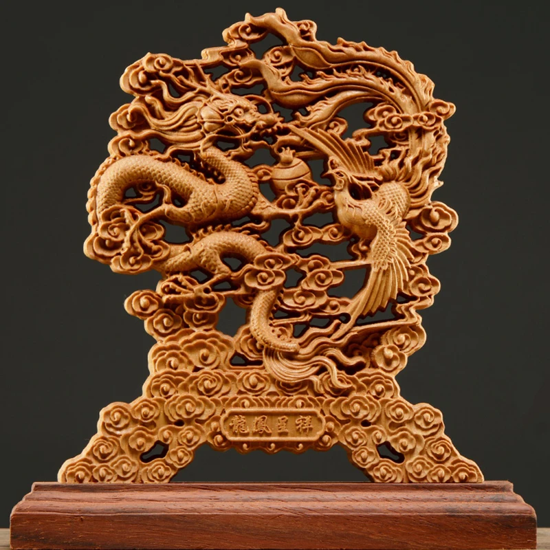 

23CM Hollow Wood Wealth Carving Thuja Wood Dragon Phoenix Sculpture Decorative Dish Lucky Gift Peaceful Collection Home Decor