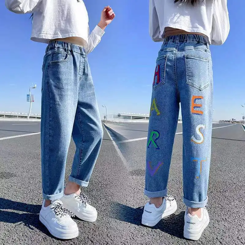New Arrival Girls Jeans Wide Leg pants Straight Cotton Children Ripped Jeans Loose Denim Trousers Fashion Kid Big Girls Clothing images - 6