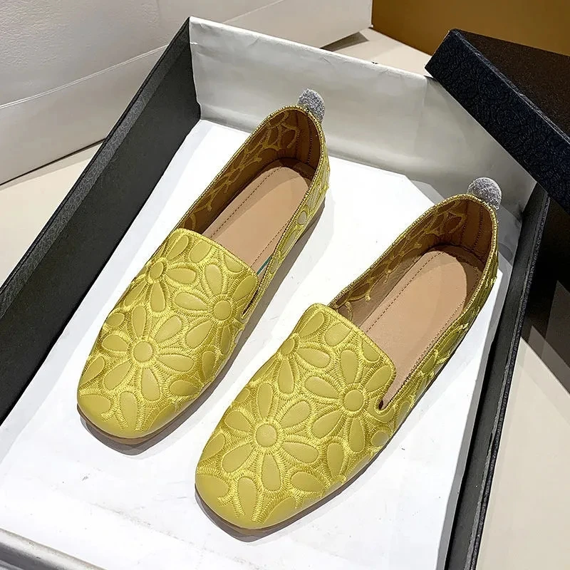 Shoes for Women 2023 Hot Sale Square Toe  Embroidery Women's Flats Summer Casual Ladies Ballet Shoes Solid Hollow Female Loafers