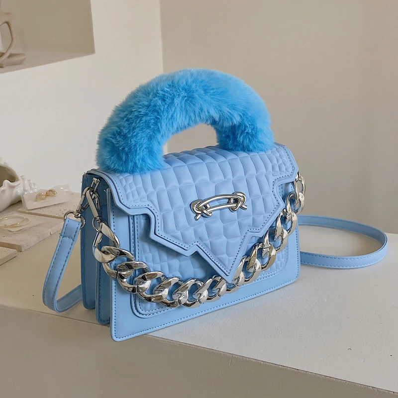 

Stone Patten Pu Leather Crossbody Bag For Women 2022 Winter Plush Handle Travel Handbag Purse Designer Shoulder Bag Small