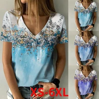 2022 new ladies floral print v neck basic top 3d print shirt loose plus size clothes floral theme abstract painting t shirt