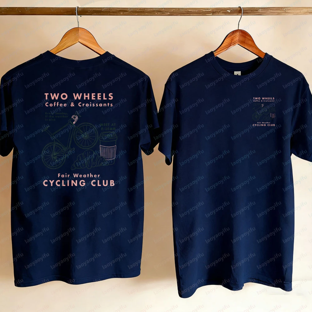 Фото Укороченная футболка Cycling Club с рисунком велосипеда, кофе и круассанов, футболка оверсайз, высококачественная хлопковая футболка №4