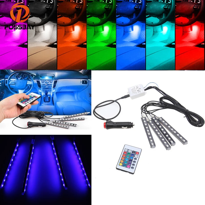 

POSSBAY 4 in 1 Car Flexible Floor Neon Lights Door Lamp With Wireless Remote Control Atmosphere Lamp RGB LED Strip Light