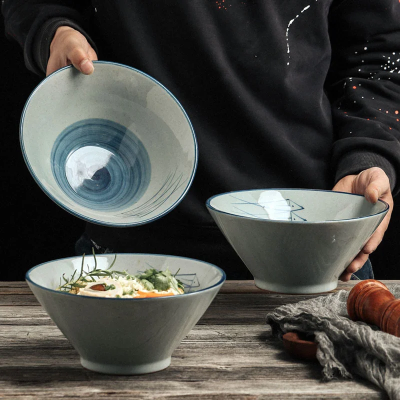 

Японская керамическая посуда, ручная роспись, 8/9 дюйма, миска с шапкой, миска для лапши, большая утолщенная кухонная посуда, домашний Рестора...