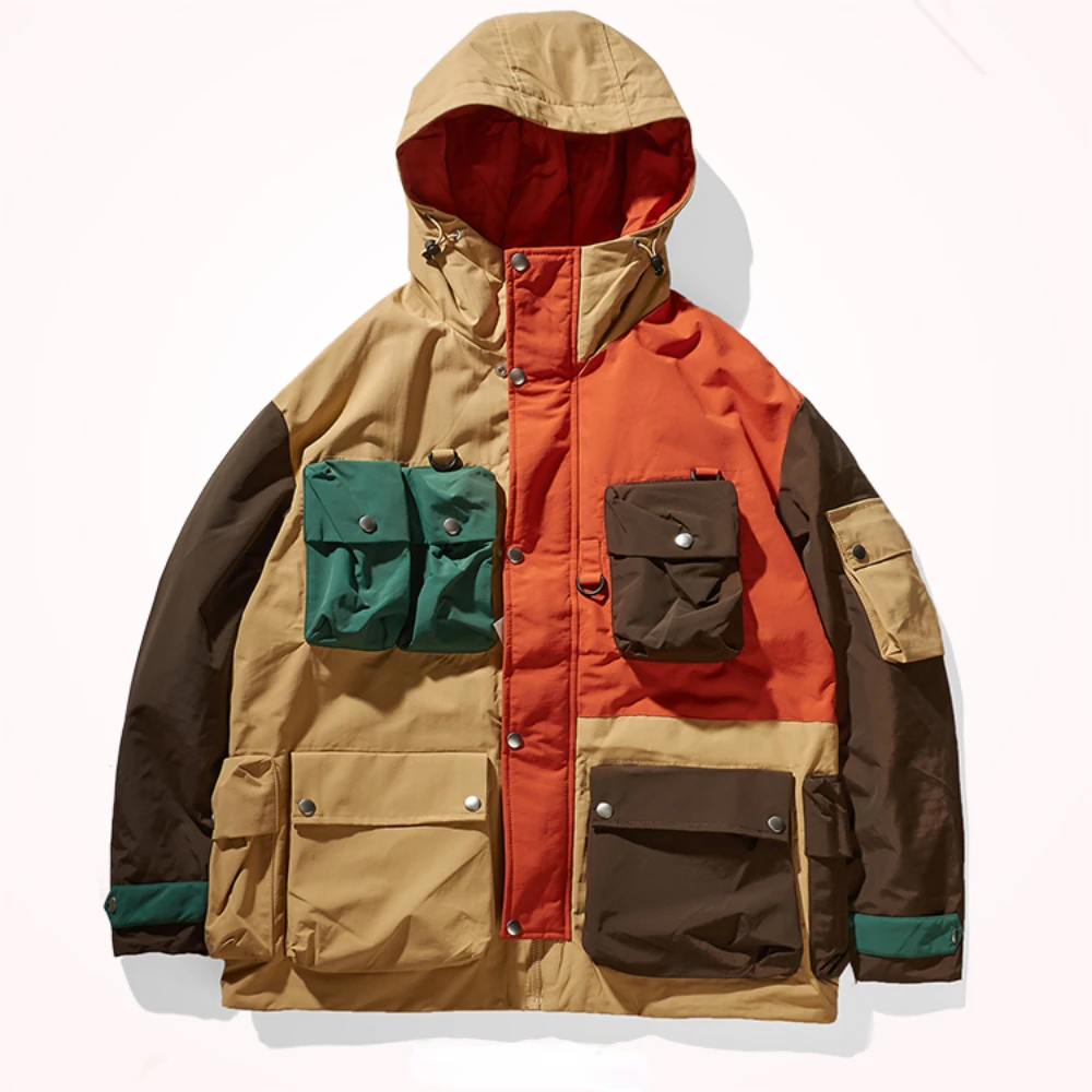 Winter men's new American functional hooded multi-pocket design color matching casual down jacket duck down warm coat