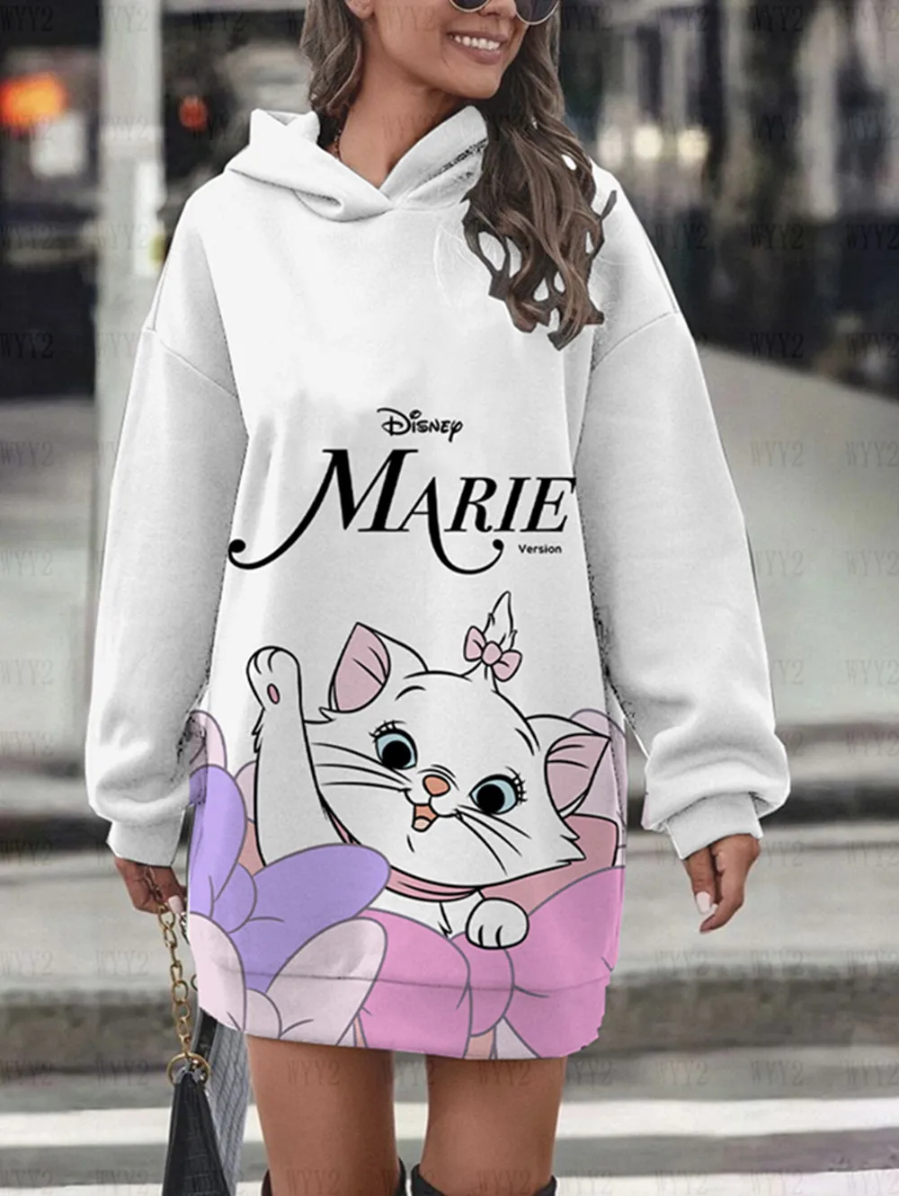 2024 new Disney Marie Cat long-sleeved pullover hoodie dress print casual street style autumn and winter hooded skirt