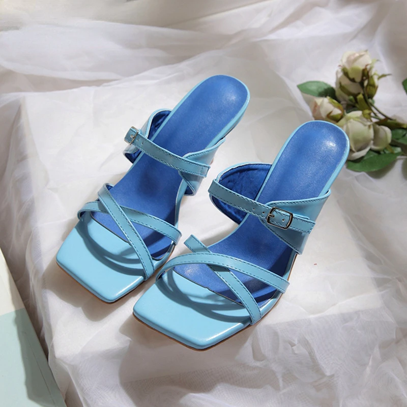 

Blue Slippers Women Summer PU Leather Fashion Narrow Band Outdoor Women Mules High Heels Sandals Shoes 2021 Big Size 42