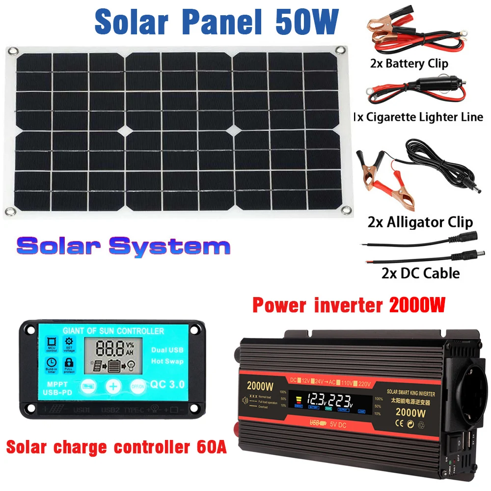 

2000W 30A 60A 100A Solar Power Generation System DC12V To 220V Power Inverter LCD Display Dual USB Solar Controller Set EU