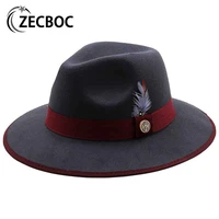 hat mens with feather fuxury belts wide brim wool felted fedora hats women fascinator wedding church jazz top hat chapeau femme