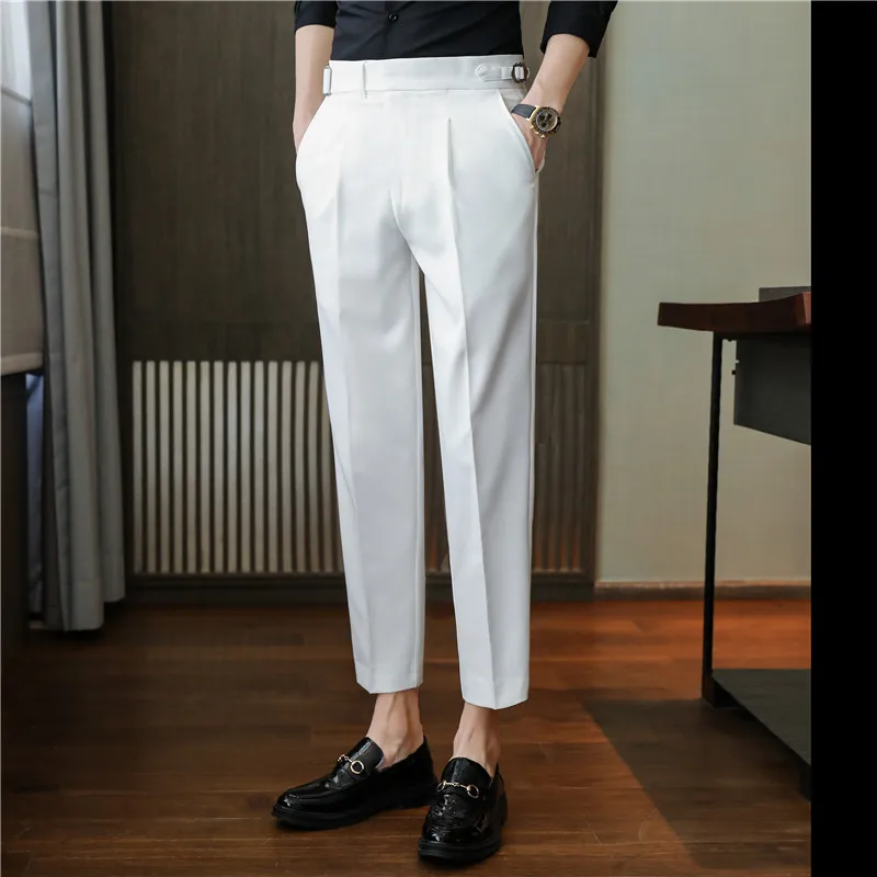 

High Quality British Style Business Casual Slim Fit Men Dress Pants Solid All Match Belt Decor Formal Wear Office Suits Trousers