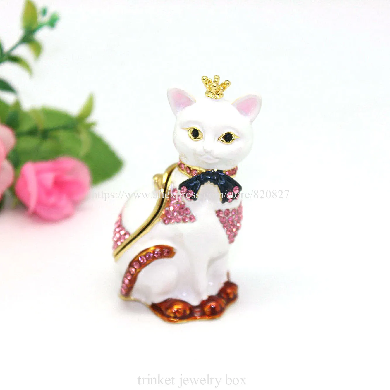 Cat Hinged Jewelry Box with Crystal Stones