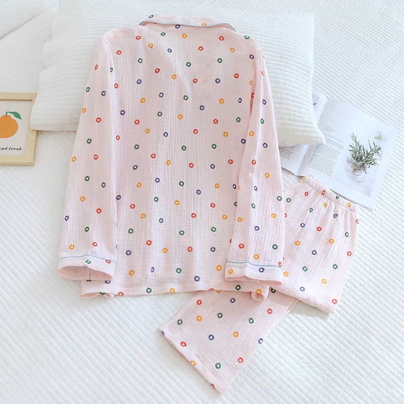 Pure Cotton Cute Pajamas Set Crepe Long Sleeve Fresh Sleepwear Soft Pijama Mujer Casual Pyjamas Female Spring Home Clothes Suit