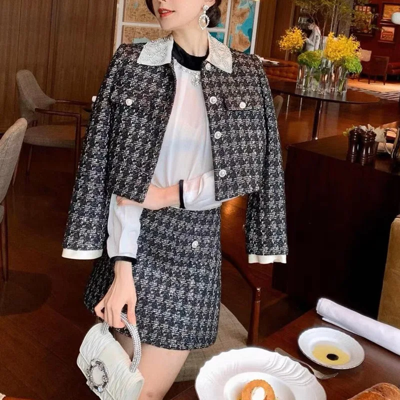 

22 New Women Suits Tweed Diamond Lapel Suit Jacket Short Top Full Sleeve Plaid Cardigan Above Knee Mini Skirt Autumn/Winter Tag