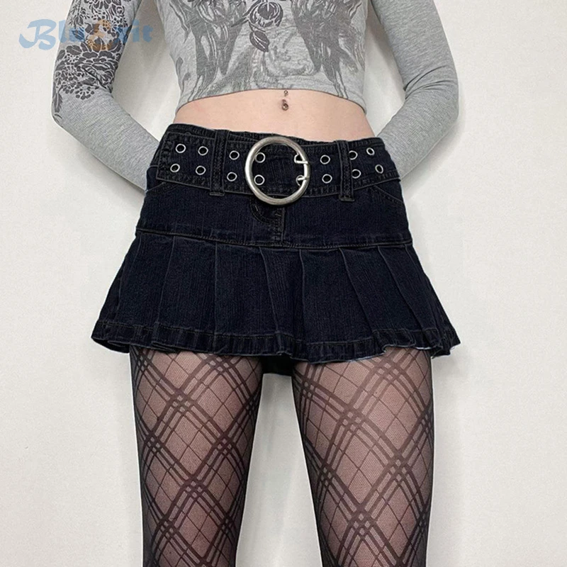 

Синяя джинсовая плиссированная мини-юбка с металлическим кольцом и поясом, короткие юбки с широким поясом, хлопковая, в стиле Харадзюку, сти...