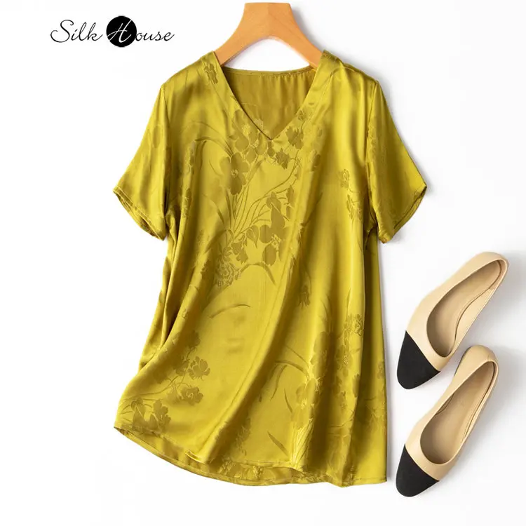 

High Quality and High Quality Mustard Yellow Jacquard Crepe Satin V-neck Silk Short Sleeve Mulberry Silk Straight Tube T-shirt