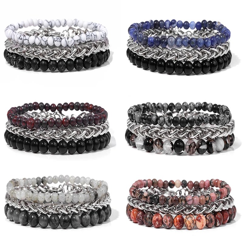 

6/8mm Set Natural Stone Beaded Bracelet Multi-layer Elastic Stainless Steel Chain Bangle Bracelet Men Women Fashion Jewelry Gift