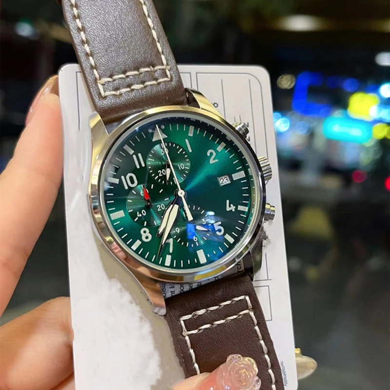 

Top Brand Pilot series Dial 41mm Luxury Watch for Men Leather Luminous Calendar Chronograph Men's Relogio Masculino Quartz Watch