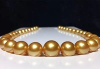 huge charming 1812 14mm natural south sea genuine golden round pearl necklace free shipping women jewelry pearl necklace