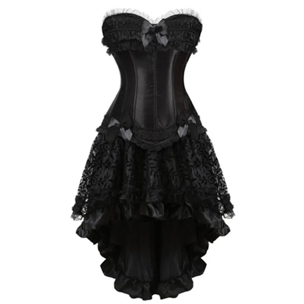 Victorian Lace Trim Corset Dress for Women Plus Size Satin Floral Overbust Corset Tops Gothic Burlesque Tutu Mini Skirt Costume