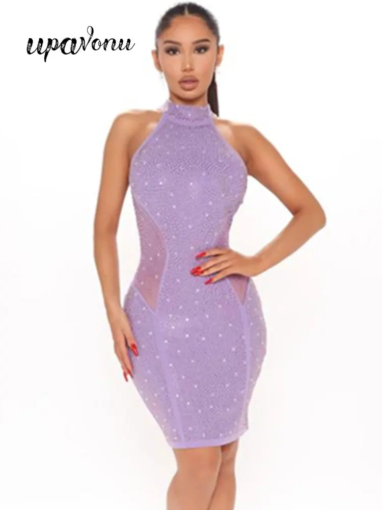 

Бесплатная доставка, новинка 2022, женское блестящее платье стразы с воротником-стойкой, без рукавов, облегающее фиолетовое элегантное вечернее мини-платье для вечерние