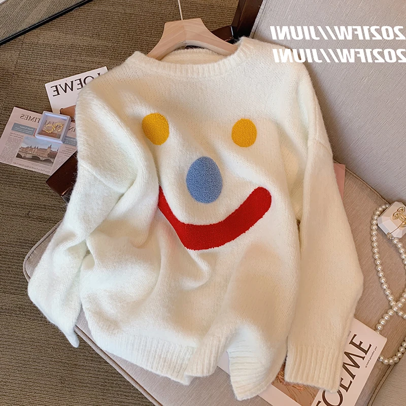 

Women's White Little Snowman Smiling Face Soft Waxy Sweater Female Latest Young Girls Sweet Pullover Knitwear Autumn And Winter